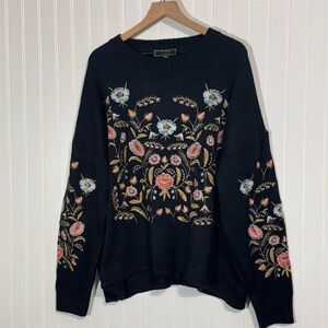 Lucky & Blessed Embroidered Sweater 2X 3X‎ Black Floral Boho Cottagecore Cozy